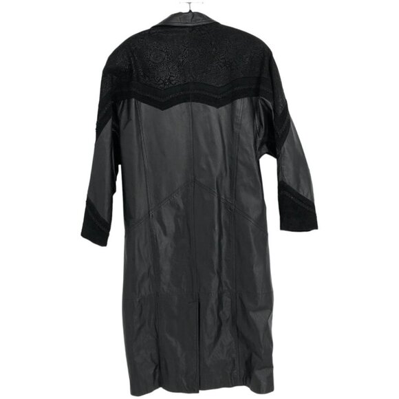 G-III Vintage Black  1980s Leather w/ Paisley Suede Trim Trench Coat LG - Picture 2 of 15